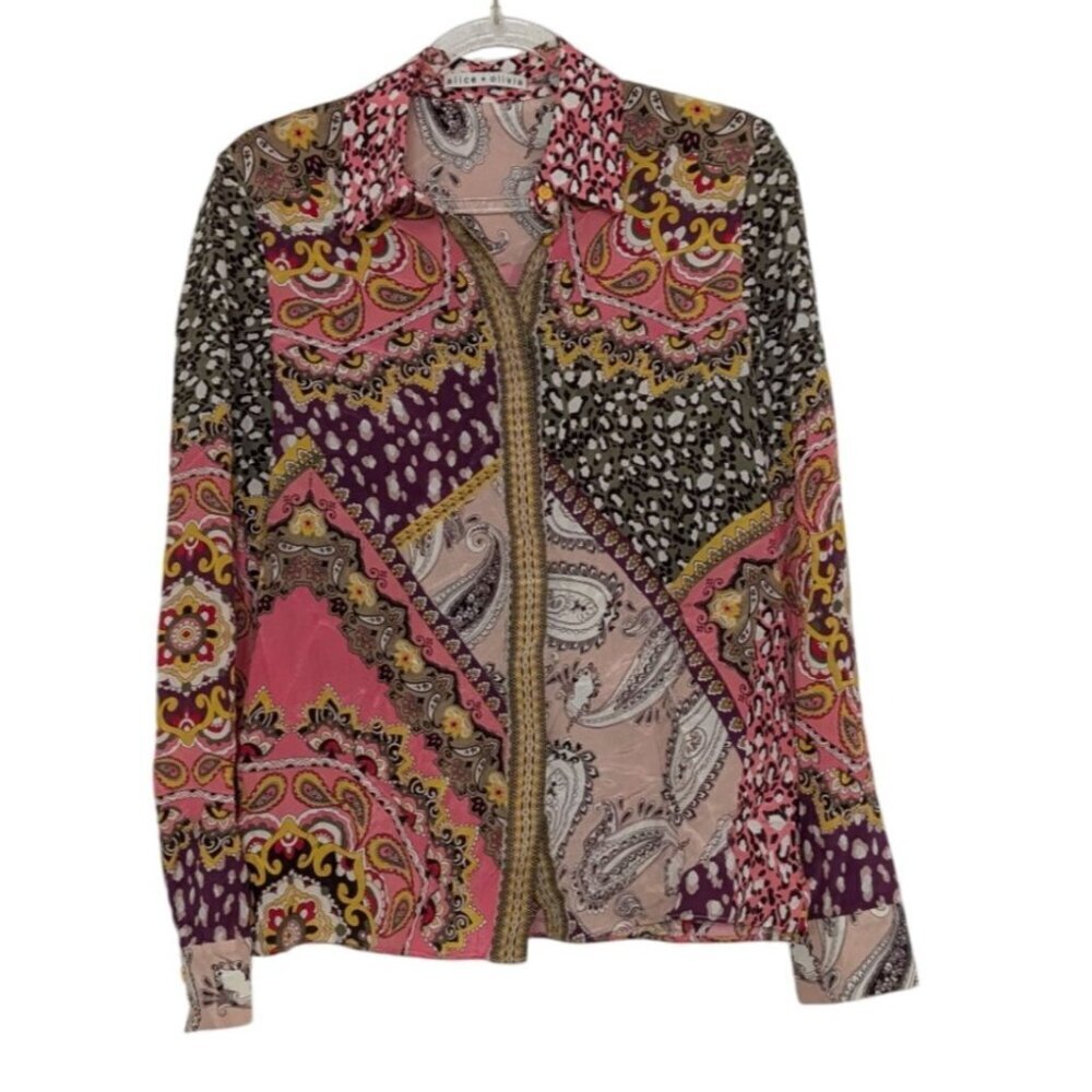 Alice + Olivia Silk Willa Blouse Womens Size XS Multicolor Concealed Paisley